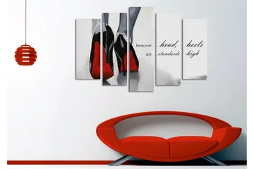 Stort lerretsbilde i 5 deler 105x70 cm - Svarte høyhælte sko med røde detaljer - Svart / Rød / Grå - Interiør - Maleri & posters - Lerretsbilder