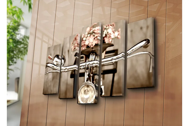 Stort lerretsbilde i 5 deler 105x70 cm - Sykkelstyrer med blomster i en kurv - Grå / Rosa / Beige - Interiør - Maleri & posters - Lerretsbilder