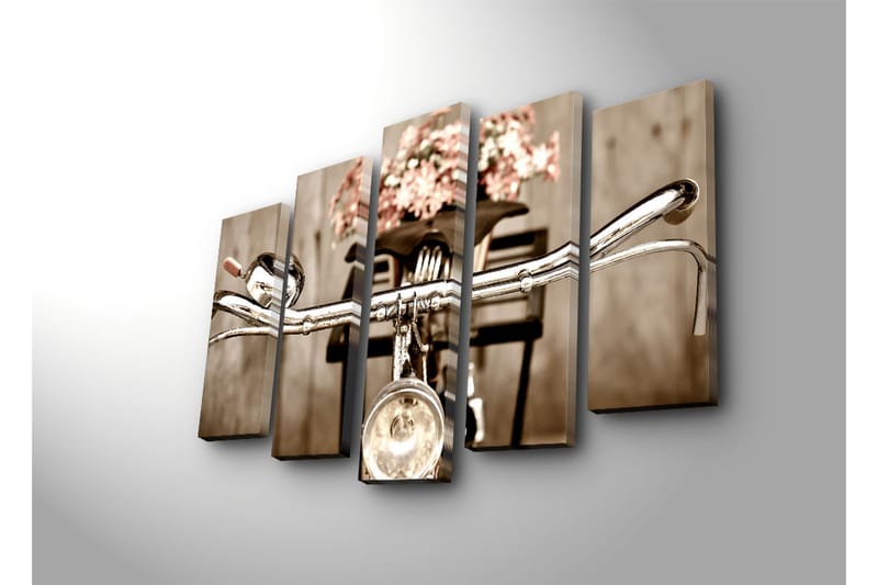 Stort lerretsbilde i 5 deler 105x70 cm - Sykkelstyrer med blomster i en kurv - Grå / Rosa / Beige - Interiør - Maleri & posters - Lerretsbilder