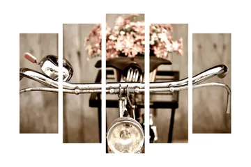 Stort lerretsbilde i 5 deler 105x70 cm - Sykkelstyrer med blomster i en kurv - Grå / Rosa / Beige - Interiør - Maleri & posters - Lerretsbilder