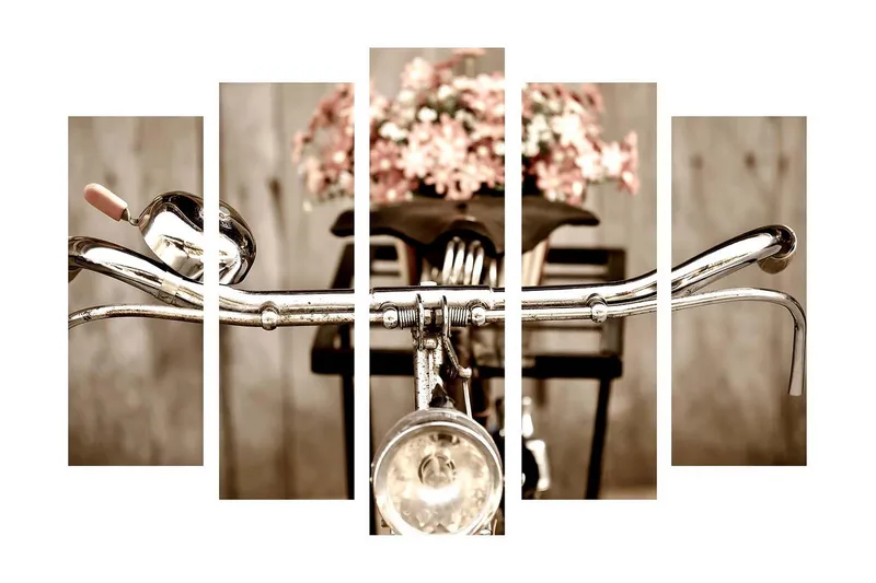 Stort lerretsbilde i 5 deler 105x70 cm - Sykkelstyrer med blomster i en kurv - Grå / Rosa / Beige - Interiør - Maleri & posters - Lerretsbilder