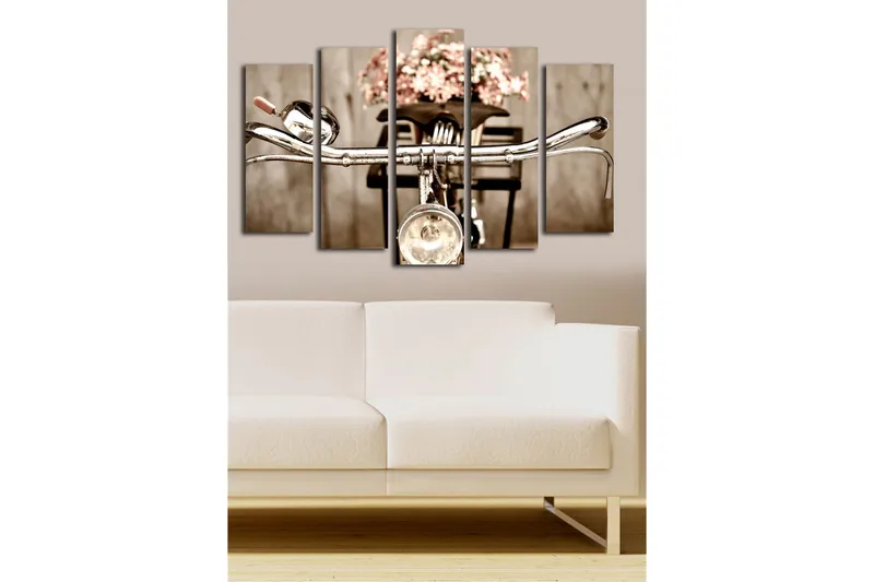 Stort lerretsbilde i 5 deler 105x70 cm - Sykkelstyrer med blomster i en kurv - Grå / Rosa / Beige - Interiør - Maleri & posters - Lerretsbilder