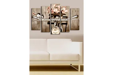 Stort lerretsbilde i 5 deler 105x70 cm - Sykkelstyrer med blomster i en kurv - Grå / Rosa / Beige - Interiør - Maleri & posters - Lerretsbilder