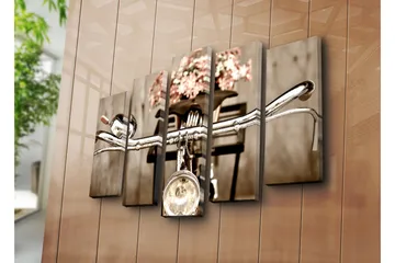 Stort lerretsbilde i 5 deler 105x70 cm - Sykkelstyrer med blomster i en kurv - Grå / Rosa / Beige - Interiør - Maleri & posters - Lerretsbilder