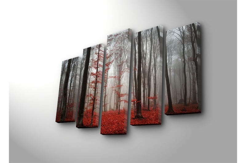 Stort lerretsbilde i 5 deler 105x70 cm - Tåkete skog med røde løvtrær - Rød / Grå / Svart - Interiør - Maleri & posters - Lerretsbilder