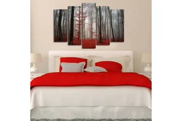 Stort lerretsbilde i 5 deler 105x70 cm - Tåkete skog med røde løvtrær - Rød / Grå / Svart - Interiør - Maleri & posters - Lerretsbilder