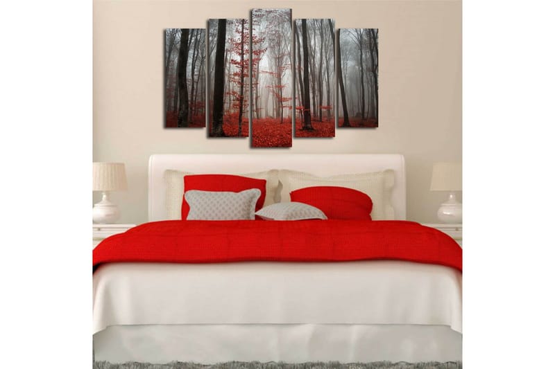 Stort lerretsbilde i 5 deler 105x70 cm - Tåkete skog med røde løvtrær - Rød / Grå / Svart - Interiør - Maleri & posters - Lerretsbilder
