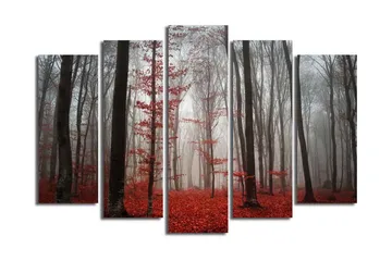 Stort lerretsbilde i 5 deler 105x70 cm - Tåkete skog med røde løvtrær - Rød / Grå / Svart - Interiør - Maleri & posters - Lerretsbilder