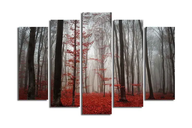 Stort lerretsbilde i 5 deler 105x70 cm - Tåkete skog med røde løvtrær - Rød / Grå / Svart - Interiør - Maleri & posters - Lerretsbilder
