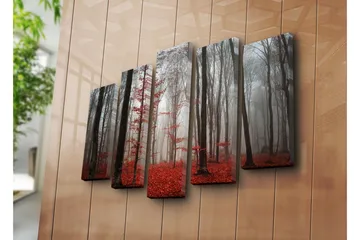 Stort lerretsbilde i 5 deler 105x70 cm - Tåkete skog med røde løvtrær - Rød / Grå / Svart - Interiør - Maleri & posters - Lerretsbilder
