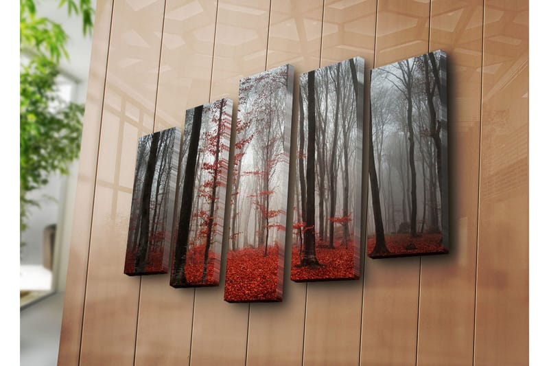 Stort lerretsbilde i 5 deler 105x70 cm - Tåkete skog med røde løvtrær - Rød / Grå / Svart - Interiør - Maleri & posters - Lerretsbilder