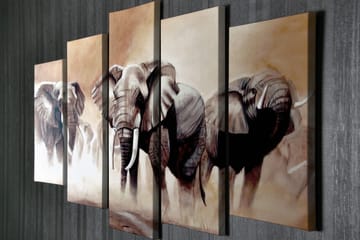 Stort lerretsbilde i 5 deler 105x70 cm - Tre majestetiske elefanter i et tåkete savannemiljø - Grå / Beige / Brun - Interiør - Maleri & posters - Lerretsbilder