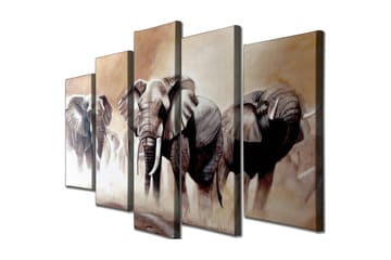 Stort lerretsbilde i 5 deler 105x70 cm - Tre majestetiske elefanter i et tåkete savannemiljø - Grå / Beige / Brun - Interiør - Maleri & posters - Lerretsbilder