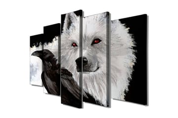 Stort lerretsbilde i 5 deler 105x70 cm - Ulv med røde øyne og en svart kråke i kontrastfarger - Hvit / Svart / Rød - Interiør - Maleri & posters - Lerretsbilder