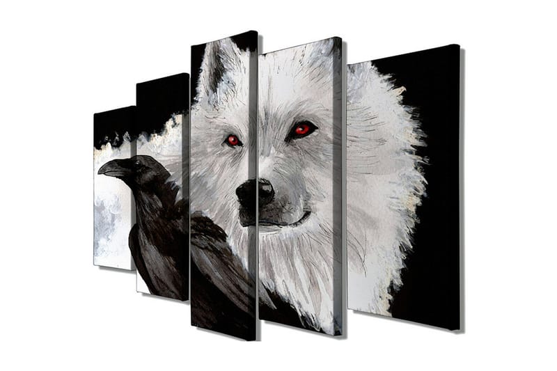 Stort lerretsbilde i 5 deler 105x70 cm - Ulv med røde øyne og en svart kråke i kontrastfarger - Hvit / Svart / Rød - Interiør - Maleri & posters - Lerretsbilder