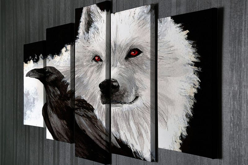 Stort lerretsbilde i 5 deler 105x70 cm - Ulv med røde øyne og en svart kråke i kontrastfarger - Hvit / Svart / Rød - Interiør - Maleri & posters - Lerretsbilder
