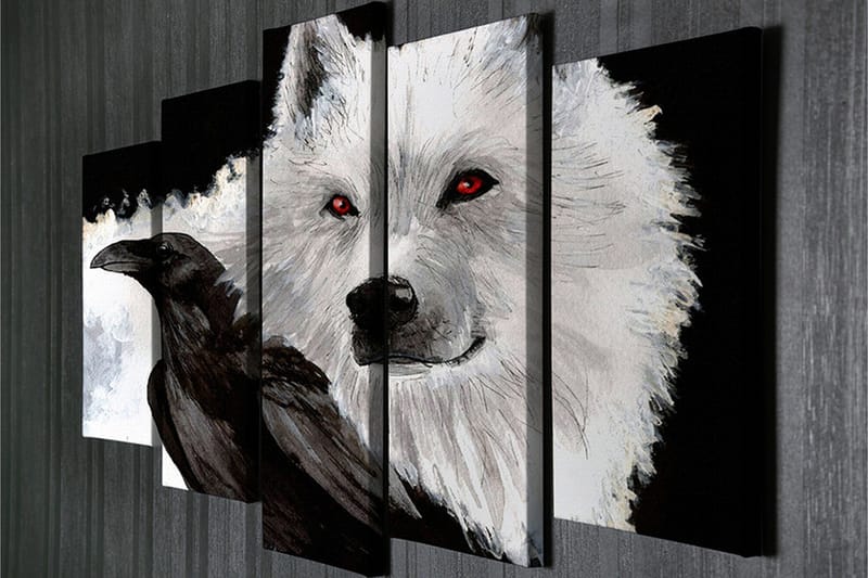 Stort lerretsbilde i 5 deler 105x70 cm - Ulv med røde øyne og en svart kråke i kontrastfarger - Hvit / Svart / Rød - Interiør - Maleri & posters - Lerretsbilder
