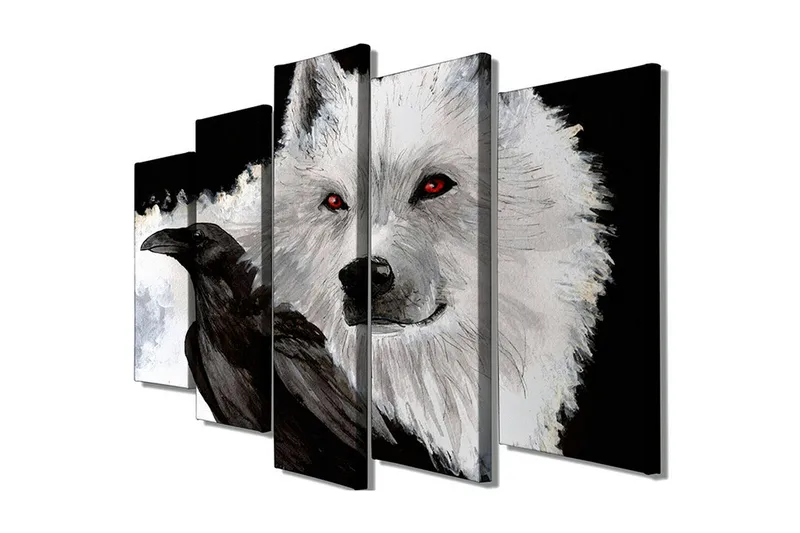 Stort lerretsbilde i 5 deler 105x70 cm - Ulv med røde øyne og en svart kråke i kontrastfarger - Hvit / Svart / Rød - Interiør - Maleri & posters - Lerretsbilder