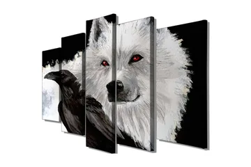 Stort lerretsbilde i 5 deler 105x70 cm - Ulv med røde øyne og en svart kråke i kontrastfarger - Hvit / Svart / Rød - Interiør - Maleri & posters - Lerretsbilder