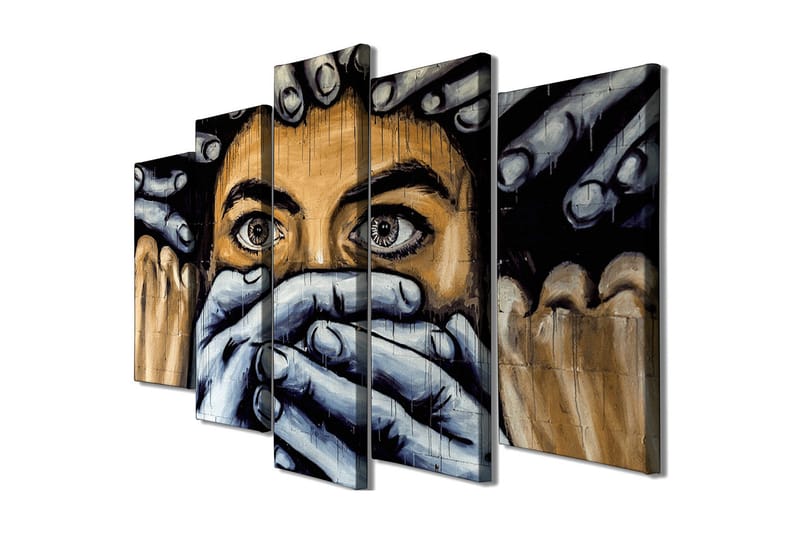 Stort lerretsbilde i 5 deler 105x70 cm - Uttrykksfullt ansikt med hender som dekker munnen - Svart / Hudfarge / Grå - Interiør - Maleri & posters - Lerretsbilder