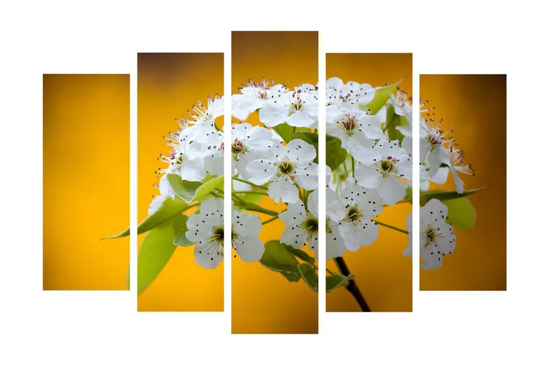 Stort lerretsbilde i 5 deler 105x70 cm - Vakker bukett med hvite blomster mot en varm gul bakgrunn - Hvit / Gul - Interiør - Maleri & posters - Lerretsbilder