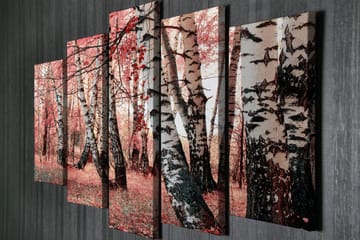 Stort lerretsbilde i 5 deler 105x70 cm - Vakker skog med bjørker i høstfarger - Rosa / Svart / Hvit - Interiør - Maleri & posters - Lerretsbilder