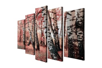 Stort lerretsbilde i 5 deler 105x70 cm - Vakker skog med bjørker i høstfarger - Rosa / Svart / Hvit - Interiør - Maleri & posters - Lerretsbilder
