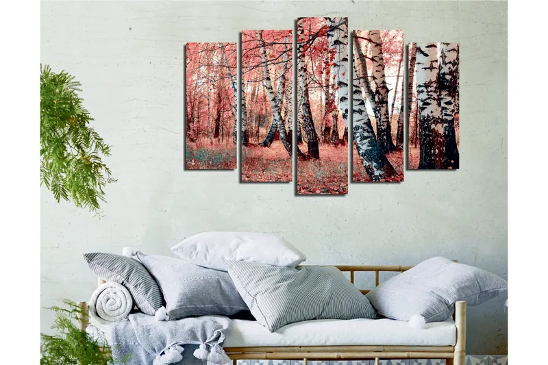 Stort lerretsbilde i 5 deler 105x70 cm - Vakker skog med bjørker i høstfarger - Rosa / Svart / Hvit - Interiør - Maleri & posters - Lerretsbilder