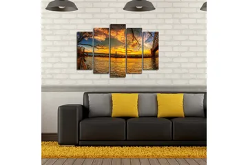 Stort lerretsbilde i 5 deler 105x70 cm - Vakker solnedgang over en bro med refleksjoner i vannet - Gull / Oransje / Blå - Interiør - Maleri & posters - Lerretsbilder