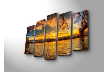 Stort lerretsbilde i 5 deler 105x70 cm - Vakker solnedgang over en bro med refleksjoner i vannet - Gull / Oransje / Blå - Interiør - Maleri & posters - Lerretsbilder