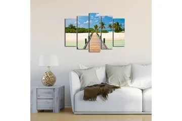 Stort lerretsbilde i 5 deler 105x70 cm - Vakker strandpromenade med palmer og turkis vann - Grønn / Blå / Beige - Interiør - Maleri & posters - Lerretsbilder