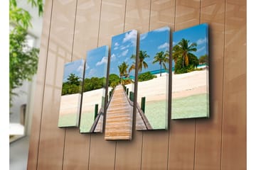 Stort lerretsbilde i 5 deler 105x70 cm - Vakker strandpromenade med palmer og turkis vann - Grønn / Blå / Beige - Interiør - Maleri & posters - Lerretsbilder