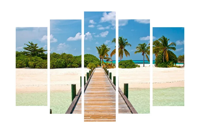 Stort lerretsbilde i 5 deler 105x70 cm - Vakker strandpromenade med palmer og turkis vann - Grønn / Blå / Beige - Interiør - Maleri & posters - Lerretsbilder