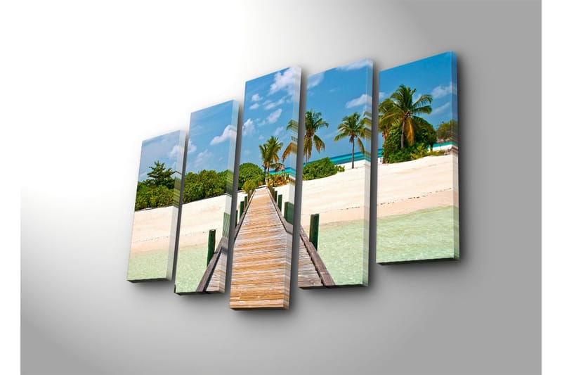 Stort lerretsbilde i 5 deler 105x70 cm - Vakker strandpromenade med palmer og turkis vann - Grønn / Blå / Beige - Interiør - Maleri & posters - Lerretsbilder