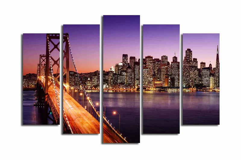 Stort lerretsbilde i 5 deler 105x70 cm - Vakker utsikt over en by med en bro i skumringen - Lilla / Oransje / Blå - Interiør - Maleri & posters - Lerretsbilder