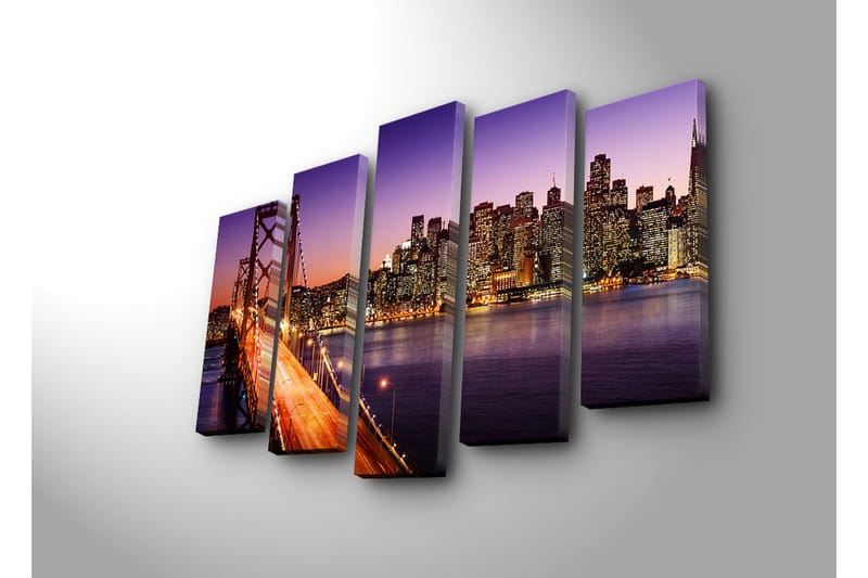 Stort lerretsbilde i 5 deler 105x70 cm - Vakker utsikt over en by med en bro i skumringen - Lilla / Oransje / Blå - Interiør - Maleri & posters - Lerretsbilder