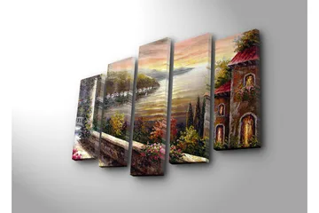 Stort lerretsbilde i 5 deler 105x70 cm - Vakker utsikt over en innsjø med omkringliggende fjell og hus i lyset av solnedgangen - Gull / Grønn / Terrakotta - Interiør - Maleri & posters - Lerretsbilder