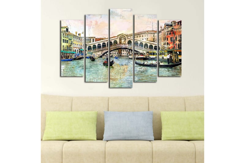 Stort lerretsbilde i 5 deler 105x70 cm - Vakker utsikt over Rialtobroen i Venezia med gondoler i kanalen - Blå / Grønn / Beige - Interiør - Maleri & posters - Lerretsbilder