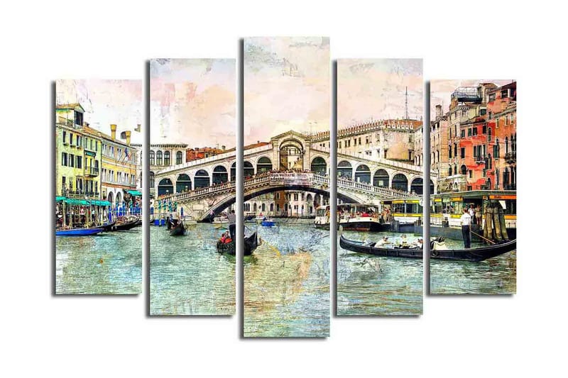 Stort lerretsbilde i 5 deler 105x70 cm - Vakker utsikt over Rialtobroen i Venezia med gondoler i kanalen - Blå / Grønn / Beige - Interiør - Maleri & posters - Lerretsbilder