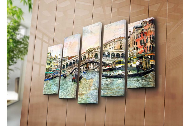 Stort lerretsbilde i 5 deler 105x70 cm - Vakker utsikt over Rialtobroen i Venezia med gondoler i kanalen - Blå / Grønn / Beige - Interiør - Maleri & posters - Lerretsbilder