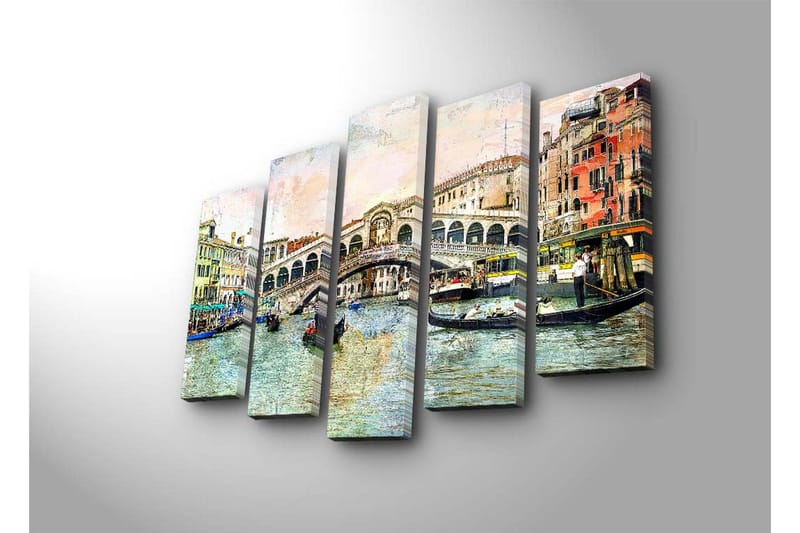 Stort lerretsbilde i 5 deler 105x70 cm - Vakker utsikt over Rialtobroen i Venezia med gondoler i kanalen - Blå / Grønn / Beige - Interiør - Maleri & posters - Lerretsbilder