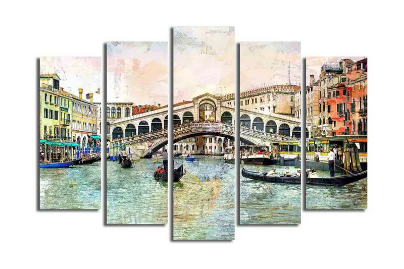 Stort lerretsbilde i 5 deler 105x70 cm - Vakker utsikt over Rialtobroen i Venezia med gondoler i kanalen - Blå / Grønn / Beige - Interiør - Maleri & posters - Lerretsbilder