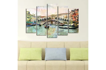Stort lerretsbilde i 5 deler 105x70 cm - Vakker utsikt over Rialtobroen i Venezia med gondoler i kanalen - Blå / Grønn / Beige - Interiør - Maleri & posters - Lerretsbilder