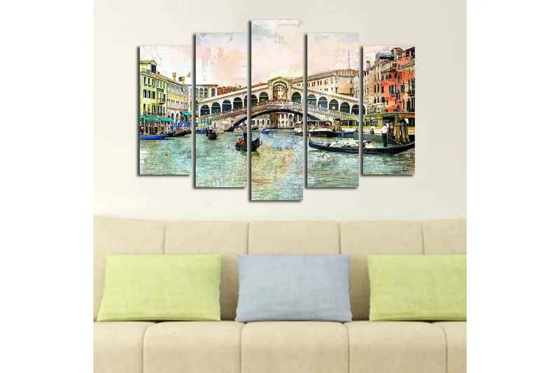 Stort lerretsbilde i 5 deler 105x70 cm - Vakker utsikt over Rialtobroen i Venezia med gondoler i kanalen - Blå / Grønn / Beige - Interiør - Maleri & posters - Lerretsbilder