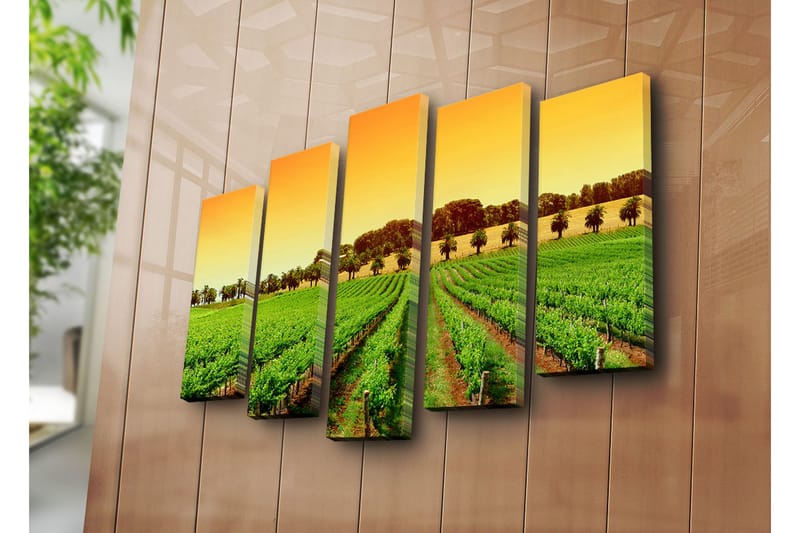 Stort lerretsbilde i 5 deler 105x70 cm - Vakker vingård under en solrik himmel - Grønn / Oransje / Gul - Interiør - Maleri & posters - Lerretsbilder