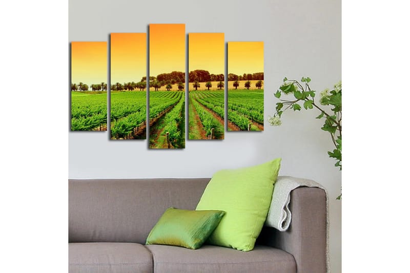 Stort lerretsbilde i 5 deler 105x70 cm - Vakker vingård under en solrik himmel - Grønn / Oransje / Gul - Interiør - Maleri & posters - Lerretsbilder