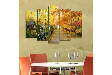 Stort lerretsbilde i 5 deler 105x70 cm - Vakkert høstlandskap med fargerike trær langs en tursti - Gul / Oransje / Grønn - Interiør - Maleri & posters - Lerretsbilder