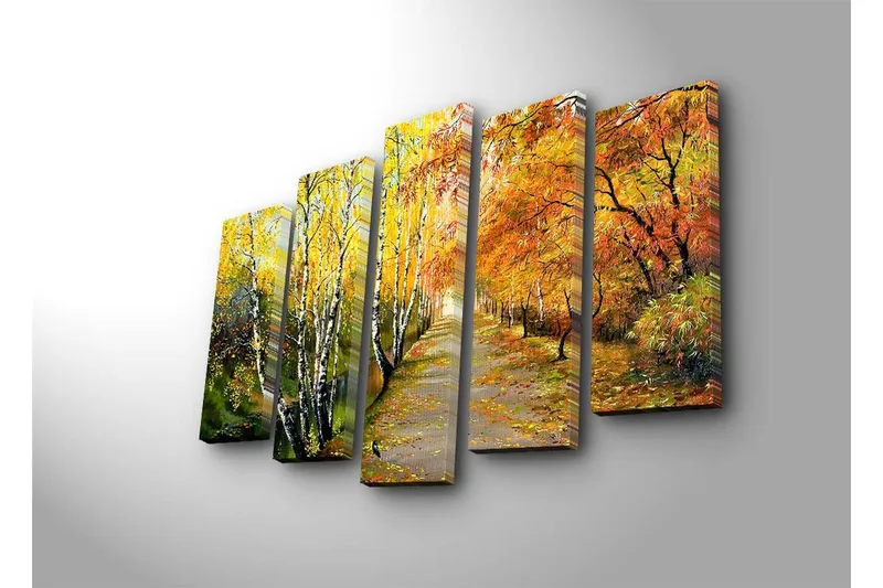 Stort lerretsbilde i 5 deler 105x70 cm - Vakkert høstlandskap med fargerike trær langs en tursti - Gul / Oransje / Grønn - Interiør - Maleri & posters - Lerretsbilder