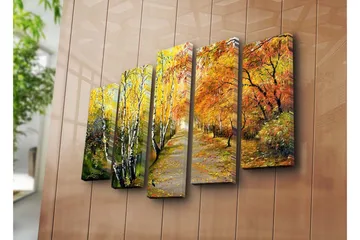 Stort lerretsbilde i 5 deler 105x70 cm - Vakkert høstlandskap med fargerike trær langs en tursti - Gul / Oransje / Grønn - Interiør - Maleri & posters - Lerretsbilder