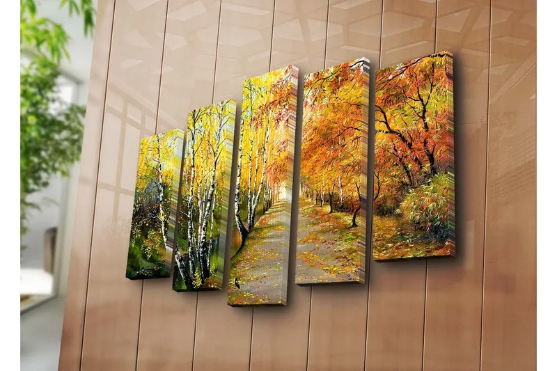 Stort lerretsbilde i 5 deler 105x70 cm - Vakkert høstlandskap med fargerike trær langs en tursti - Gul / Oransje / Grønn - Interiør - Maleri & posters - Lerretsbilder